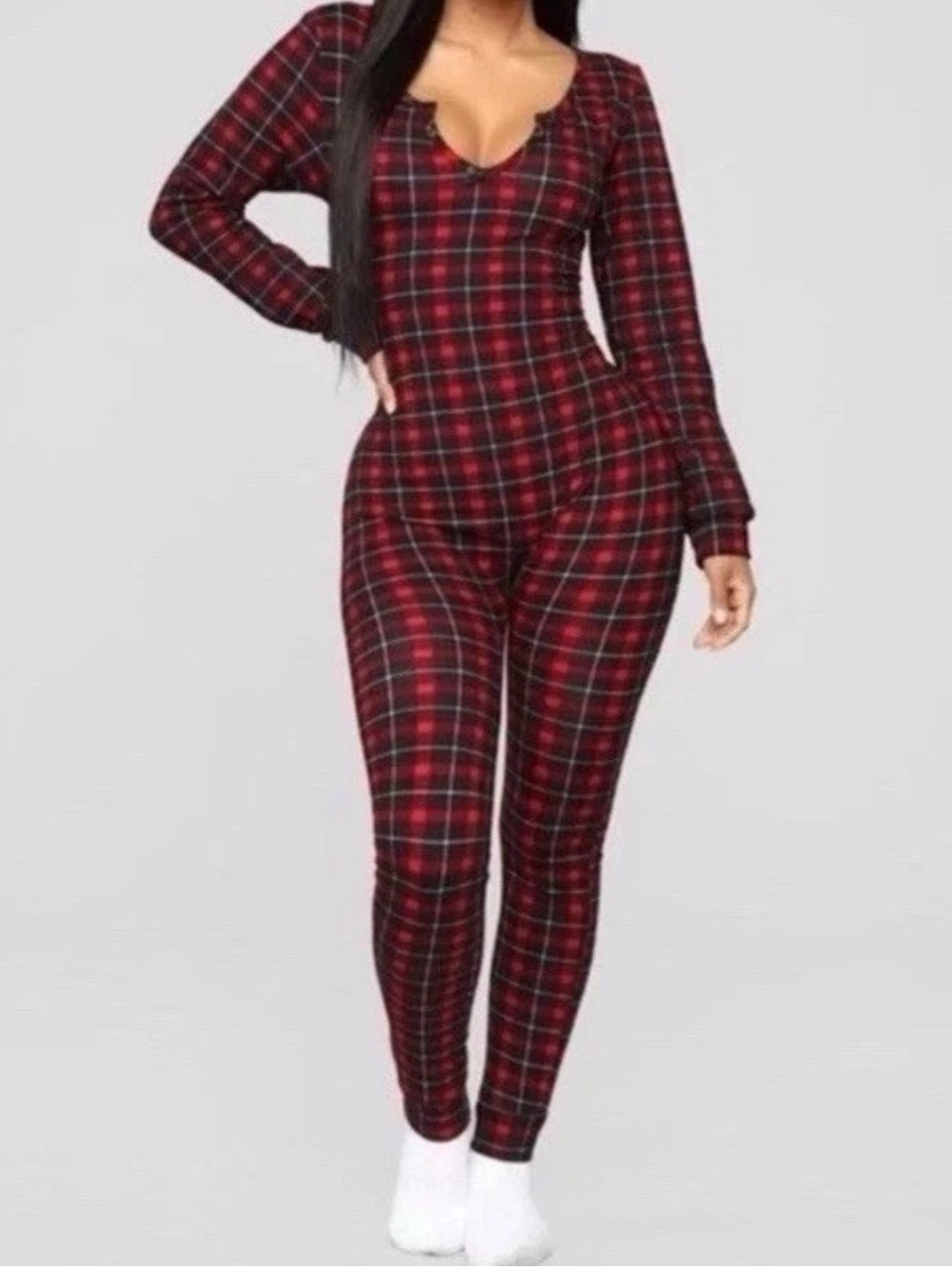 Fashion Nova Where’s My Coffee Jumpsuit Red Black Plaid Pajama’s One Piece